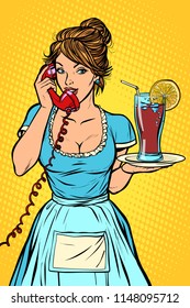 Cola with lemon Delivery. Hotel service. Waitress. Comic cartoon pop art retro vector drawing