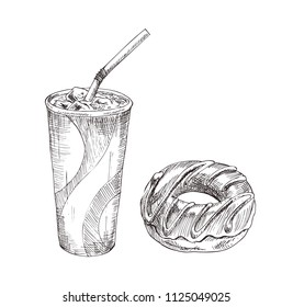 Cola paper cup with dessert vector monochrome illustration. Donut fast food icons, badge in sketch style for restaurant menu and cafe cover template