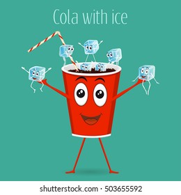 Cola paper cup with ice cubes. Ice cola. Drink with ice. Funny character paper cup of cola, ice. Vector illustration.