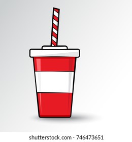 Cola plastic glass with straw. Red and white icon with shadow. Vector illustration