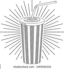 Cola/ soda with a straw - black and white illustration/ drawing