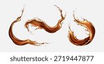 Cola splash with dynamic swirls and droplets on transparent backdrop. Realistic brown liquid waves with flowing motion and scattered bubbles for beverage advertising and cola product design.