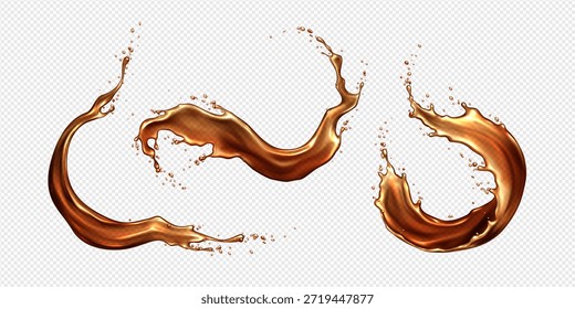 Cola-Splash mit dynamischen Wirbeln und Tröpfchen auf transparentem Hintergrund. Realistische braune Flüssigkeitswellen mit fließender Bewegung und verstreuten Blasen für Getränkewerbung und Cola-Produktdesign.