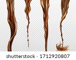 Cola splash. Vector realistic mockup of streams of black coffee, tea, whiskey or beer. Twisted flow of brown drink with splash and drops isolated on transparent background