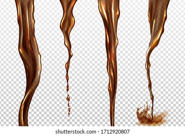 Cola splash. Vector realistic mockup of streams of black coffee, tea, whiskey or beer. Twisted flow of brown drink with splash and drops isolated on transparent background