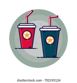 Cola or water. Vector illustration. Line icon. Blue and red color of the cup. Water in a glass. Paper glass with a tube. Soda water in the cinema. Tube for drinking, straws. Stylish pictures on cups