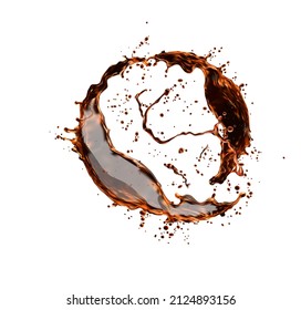 Cola oder Whiskey trinken Splash mit Tropfen, Soda Getränke oder Alkohol Welle fließen. Vektor brauner flüssiger Whirlpool von Kaffee, schwarzem Tee, Cognac oder Rum. Realistische 3D-Splash, abstrakter Aqua-Wirbel