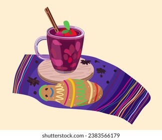 Colada morada y bebé de pan. Platos tradicionales ecuatorianos. Ilustración vectorial.