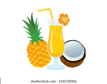 Piña Colada with pineapple and coconut vector. Tropical Pina Colada Cocktail Icon. Fruits fresh cocktail icon. Glass of Pina Colada icon. Summer drink vector. Cocktails isolated on a white background