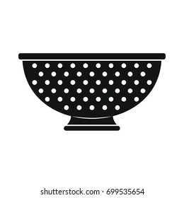 Colander in black simple silhouette style icon vector illustration for design and web isolated on white background. Colander vector object for labels and logo