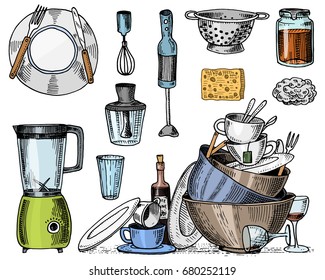 colander, blender and juicer, dirty dishes, jam and sponge for washing. Chef and dirty kitchen utensils, cooking stuff for menu decoration. engraved hand drawn in old sketch or and vintage style.