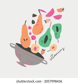 Kolander mit verschiedenen Früchten. Vitamine. Vektordoodle-Illustration.