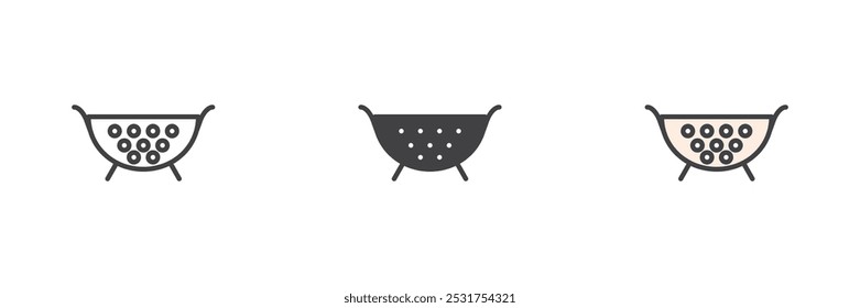 Colander conjunto de ícones de estilo diferente. Linha, glifo e preenchido esboço versão colorida, contorno e sinal de vetor preenchido. Símbolo de filtro de cozinha, ilustração de logotipo. Gráficos vetoriais