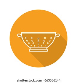 Colander flat linear long shadow icon. Strainer. Vector outline symbol