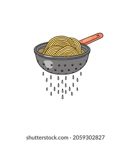 Colander with fresh cooked spaghetti cartoon style icon. Metal kitchenware cooking utensil to strain pasta.