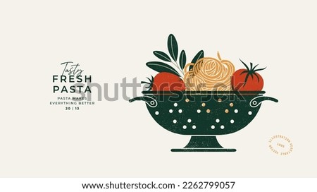 Colander with fresh pasta and tomatoes. Vector illustration