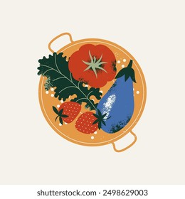 Colander with fresh vegetables. Eggplant with tomatoes and kale with strawberries. Vector illustration.