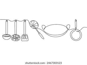 Colander, frying pan, spatula, wok and ladle in continuous line art drawing style isolated on white background. Kitchen utensil equipment concept vector illustration.