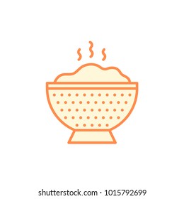 Colander with full of hot rice icon. Kitchen appliances for cooking Illustration. Simple thin line style symbol.