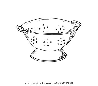 Colander hand-drawn. Kitchenware. Illustration isolated on white. 