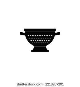 Icono de colador en glifo plano negro, estilo relleno aislado en fondo blanco
