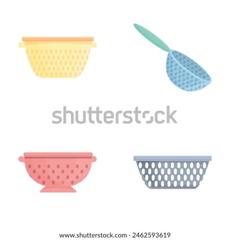 Colander icons set cartoon vector. New colander of various shape and color. Kitchenware