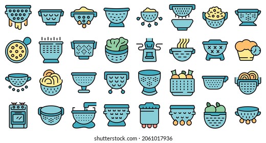 Colander Icons Set Outline Vector. Cook Strainer. Food Accessory