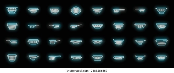 Colander icons set outline vector. Cook strainer. Food cooking neon color on black