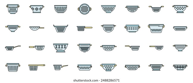 Colander icons set outline vector. Cook strainer. Food cooking thin line color flat on white