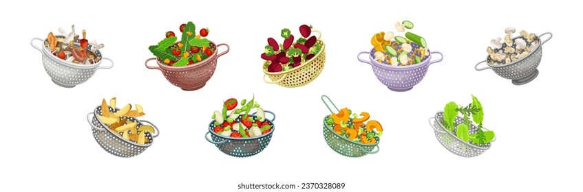 Colander with Mushroom and Vegetables for Washing Vector Set