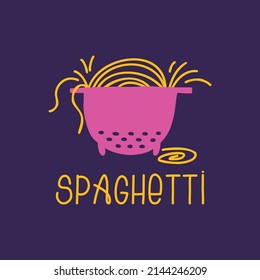 Colander with spaghetti. Abstract collection. Doodle vector illustration. 
