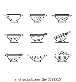 Colander and Strainer Kitchen Icons Set. Collection of Simple Line Art Colander Designs

