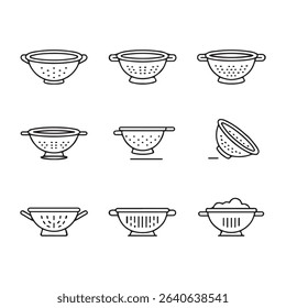 Colander and Strainer Kitchen Icons Set. Collection of Simple Line Art Colander Designs
