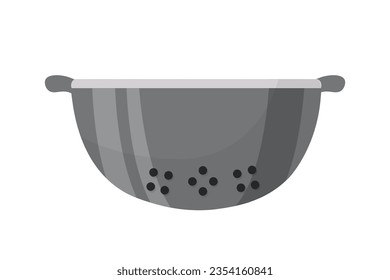 Colander vector illustration. Cartoon isolated empty metal filter to drain spaghetti, side view of circle kitchen tool to wash fruits and vegetables with water, domestic equipment for cooking