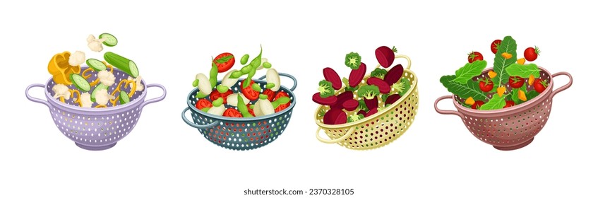 Colander with Vegetables for Washing Vector Set