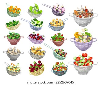 Colanders with Greenery and Vegetables Tossing Being Washed Big Vector Set