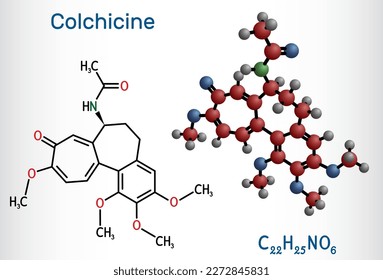 Colchicine molecule. It is alkaloid with anti-gout and anti-inflammatory activities, used in the symptomatic relief of pain. Structural chemical formula, molecule model. Vector illustration