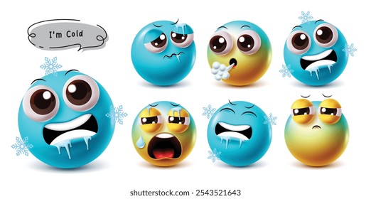 Cold 3d emoji vector characters set. Frozen emojis like cold, sad, blow, cry and unhappy facial expressions blue emoticon character in white background. Vector illustration emojis cold collection set.