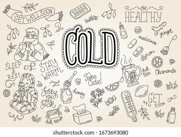 Colección grande de doodles de gripe fría. Incluyendo palabras caligráficas escritas a mano y saludos. Tratamiento, salud, atención médica, enfermedades. Elementos e ilustraciones de diseño gráfico aislados por vectores.