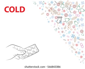 cold - abstract background for documents. cold icons, microbes, drug, snowflakes, hats, mittens, a thermometer.