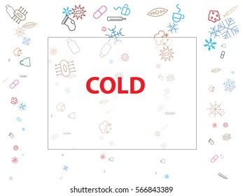 cold - abstract background for documents. cold icons, microbes, drug, snowflakes, hats, mittens, a thermometer.