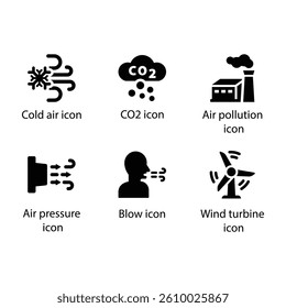 Cold air, CO2, Air pollution, Air pressure, Blow, Wind turbine, Black Icon Set