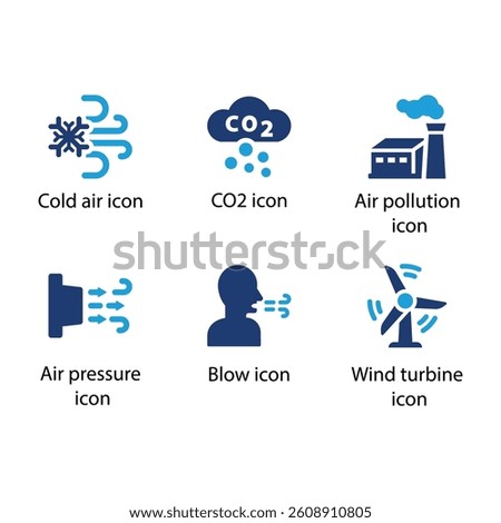 Cold air, CO2, Air pollution, Air pressure, Blow, Wind turbine, Blue Icon Set
