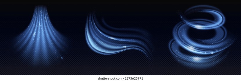 Cold air effect, winter wind swirls and wave. Blue streams of fresh breeze flows isolated on transparent background. Whirlwind, vortex light effect, vector realistic illustration