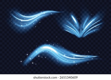 Cold air effect, winter wind swirls and wave. Blue streams of fresh breeze flows isolated on transparent background. Whirlwind, vortex light effect, vector realistic illustration