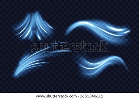 Cold air effect, winter wind swirls and wave. Blue streams of fresh breeze flows isolated on transparent background. Whirlwind, vortex light effect, vector realistic illustration