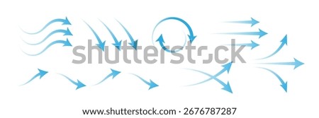 Cold air flow arrows set isolated on white background. Vector realistic illustration of blue gradient signs moving in waves, circle, cross direction, conditioner airflow, water purification symbols