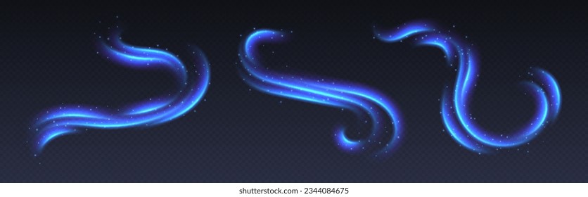 Cold air flow effect, fresh breeze, winter freezing wind, blue light trails with sparkles. Aurora borealis or northern lights overlay. Glowing motion effect, blue speed lines. Luminescent curves.