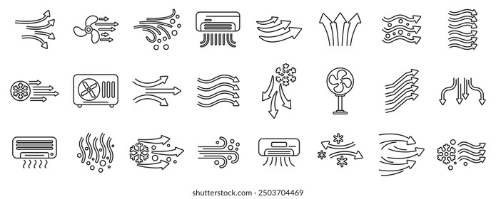 Cold air flow icons set. This set of icons depicts various aspects of airflow, including air conditioning, ventilation, and fans