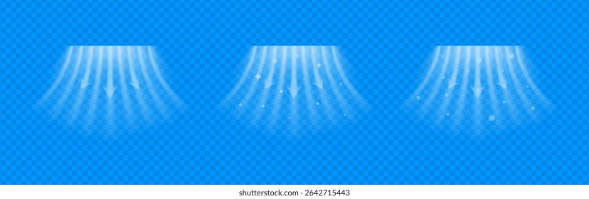 Cold air flow swirl with blue wave texture and icy spray. Clean suction stream and fresh breeze symbolizing cooling and purification. Transparent vector for AC or ventilation system design.